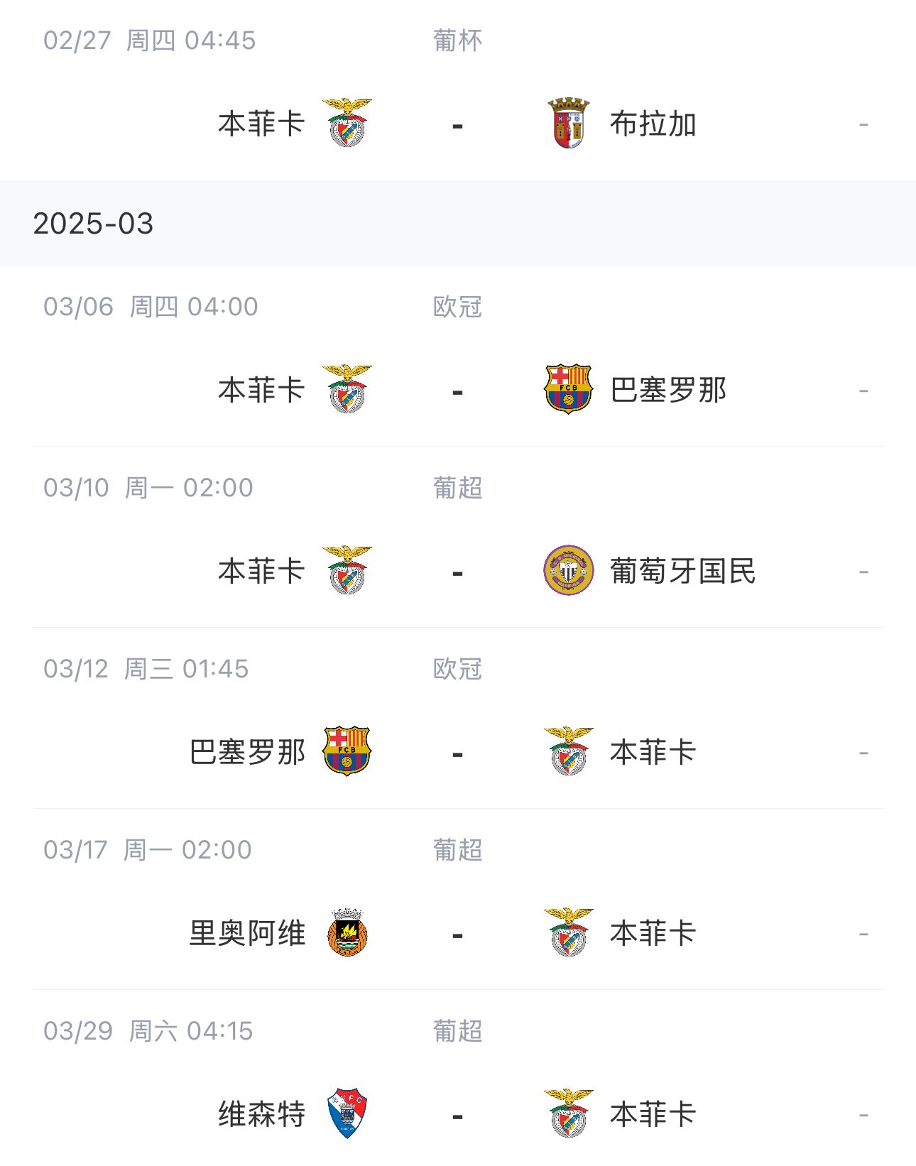  讓路歐冠！本菲卡戰(zhàn)巴薩首回合比賽前的葡超比賽推遲進(jìn)行