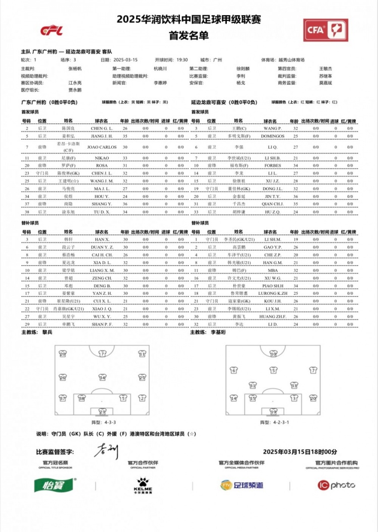  廣州豹vs延邊龍鼎首發(fā)：卡洛斯、羅薩、尼康三外援領(lǐng)銜廣州豹